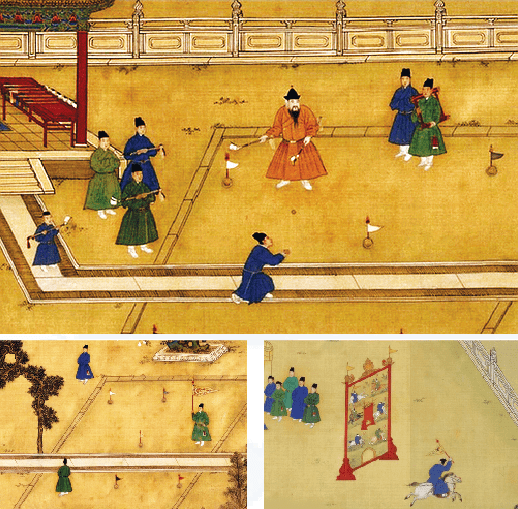 "The picture of Ming Emperor Xuanzong Seeking Pleasure and Chuiwan" by the Ming Dynasty court painter Shang Xi is preserved in the National Palace Museum. The picture of Ming Emperor Xuanzong Seeking Pleasure is 36.8 cms high and 6.89 meters long and vividly depicts recreational activities of the Ming court. These included arrow-shooting, Chuiwan, Touhu (pitch-pot) in which players threw sticks from a set distance into a large canister, and a ride in a sedan chair. The picture illustrates the Ming Emperor playing Chuiwan—its ceremonious etiquette is beyond all expectations.