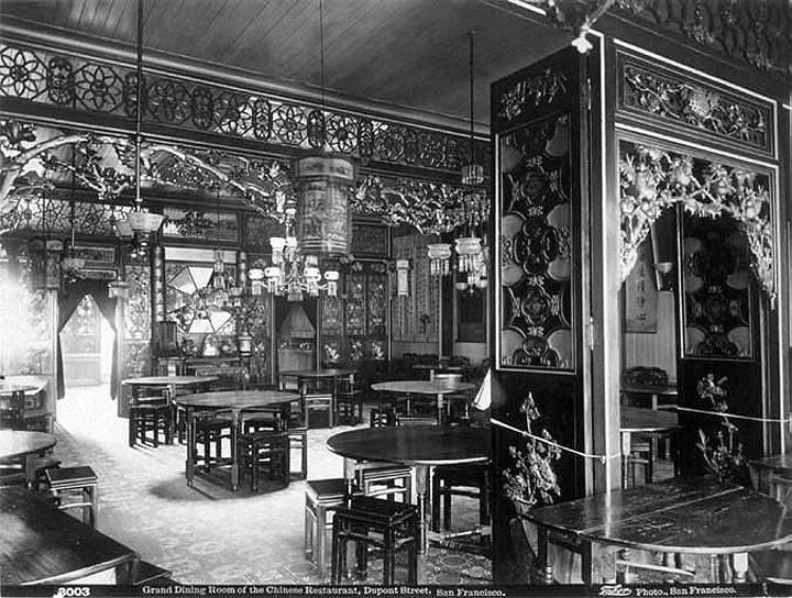 Grand Dining Room Of The Chinese Restaurant in San Francisco Chinatown during 19th Century. 