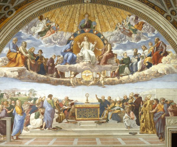 Disputation of Holy Sacrament fresco. between 1509 and 1510. height: 500 cm (16.4 ft); width: 770 cm (25.2 ft). (Photo: Wikimedia Commons)