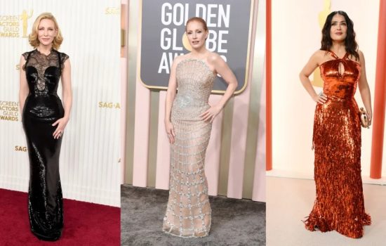 Sequins, Crystals and Shiny Embellishments Ruled the Red Carpet in 2023. Cate Blanchett at the 2023 Screen Actors Guild Awards; Jessica Chastain at the 2023 Golden Globes; Salma Hayek at the 2023 Academy Awards. (Photo: GILBERT GILBERT FLORES FOR VARIETY/Women's Wear Daily)