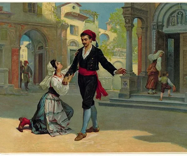 Santuzza and Turiddu, outside the church. Scene 5 of the Opera Cavalleria Rusticana, in the duet in the encounter between Turiddu and Santuzza. The words they exchange are terrible: she is determined to confront her unfaithful lover, while he tries by all means to deny the betrayal and liquidate her as soon as possible. (Photo: arteacultura.com)
