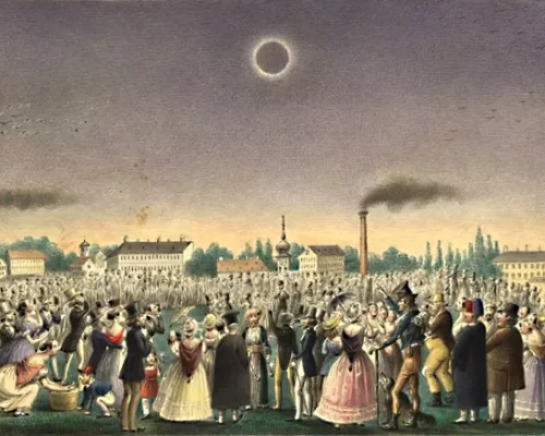 Johann Christian Schoeller painted this scene depicting crowds of people viewing the July 8, 1842, total solar eclipse over Vienna, Austria. Johann Christian Schoeller (Artist), Sonnenfinsternis, 8. Juli 1842, 1842, Wien Museum Inv.-Nr. 65303, CC0 (https://sammlung.wienmuseum.at/en/object/418541/)