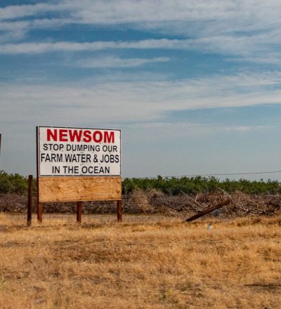 Farmers put up signs off California’s 5 Freeway outside of Bakersfield on April 18, 2022. With extreme drought water restrictions farmers have been forced to leave thousands of acres idle, directly impacting the agricultural economy and their livelihoods.  (John Fredricks/The Epoch Times)