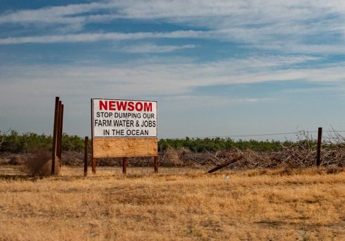 Farmers put up signs off California’s 5 Freeway outside of Bakersfield on April 18, 2022. With extreme drought water restrictions farmers have been forced to leave thousands of acres idle, directly impacting the agricultural economy and their livelihoods.  (John Fredricks/The Epoch Times)