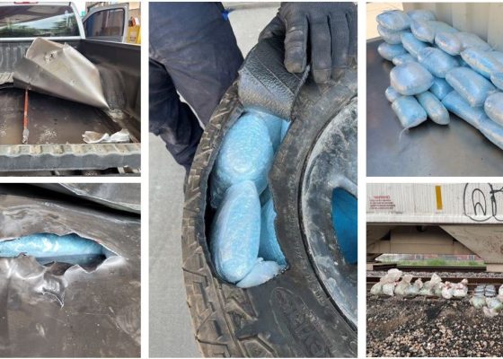 CBP officers mid-year 2024, at the Nogales POE seized: Approximately 576,450 fentanyl pills and 34 pounds of methamphetamine in an altered compartment of a truck bed.
Approximately 331,650 fentanyl pills in spare tire.
72.95 lbs of methamphetamine in a vehicle.
299 lbs of methamphetamine in a hollow beam of a grain hopper car. (Photo: US Custom and Border Protetion)