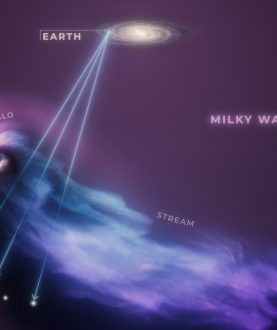 This artist’s concept shows the Large Magellanic Cloud, or LMC, in the foreground as it passes through the gaseous halo of the much more massive Milky Way galaxy. (Photo: NASA, ESA, R. Crawford (STScI)