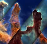 This image is a mosaic of visible-light and infrared-light views of the same frame from the the Pillars of Creation visualization. The three-dimensional model of the pillars created for the visualization sequence is alternately shown in the Hubble Space Telescope version (visible light) and the Webb Space Telescope version (infrared light). (Photo:  Space Telescope Science Institute.)