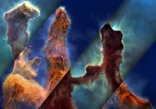 This image is a mosaic of visible-light and infrared-light views of the same frame from the the Pillars of Creation visualization. The three-dimensional model of the pillars created for the visualization sequence is alternately shown in the Hubble Space Telescope version (visible light) and the Webb Space Telescope version (infrared light). (Photo:  Space Telescope Science Institute.)