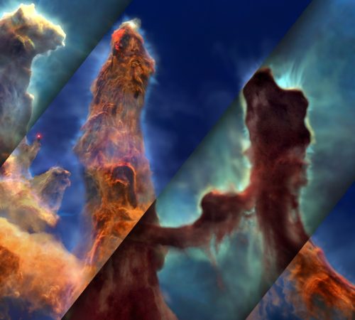 This image is a mosaic of visible-light and infrared-light views of the same frame from the the Pillars of Creation visualization. The three-dimensional model of the pillars created for the visualization sequence is alternately shown in the Hubble Space Telescope version (visible light) and the Webb Space Telescope version (infrared light). (Photo:  Space Telescope Science Institute.)