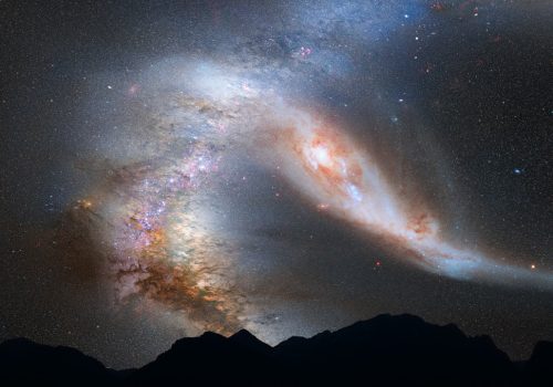 This photo illustration depicts a view of the night sky just before the predicted merger between our Milky Way galaxy and the neighboring Andromeda galaxy. (Photo: NASA, ESA, Z. Levay and R. van der Marel (STScI), and A. Mellinger)