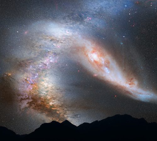 This photo illustration depicts a view of the night sky just before the predicted merger between our Milky Way galaxy and the neighboring Andromeda galaxy. (Photo: NASA, ESA, Z. Levay and R. van der Marel (STScI), and A. Mellinger)