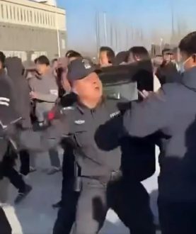 In one verified video, a policeman is seen beating a protester with a baton (Photo: BBC)