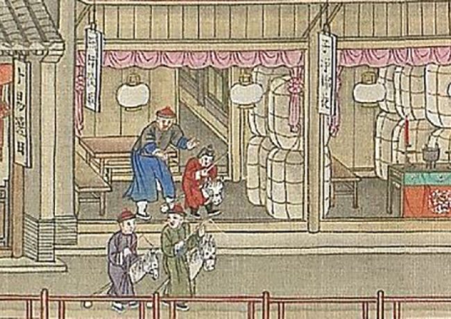 Store in Suzhou market selling fine cotton from Taicang and Chongming, two well-known cotton-producing areas in Jiangsu Province, from The Qianlong Emperor's Southern Inspection Tour, Scroll Six: Entering Suzhou Along the Grand Canal. detail (Photo: Columbia University)