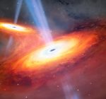 This illustration shows two merging quasars. A team of astronomers has discovered a pair of merging quasars observed just 900 million years after the Big Bang. (Photo: NOIRLab)