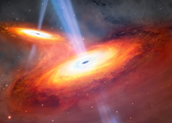 This illustration shows two merging quasars. A team of astronomers has discovered a pair of merging quasars observed just 900 million years after the Big Bang. (Photo: NOIRLab)