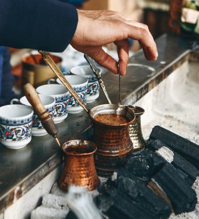 Traditional Turkish charcoal coffee. Cooking fresh aromatic traditional Turkish coffee on charcoal. (Photo: © Franz1212
| Dreamstime.com)