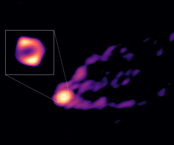   This image shows the jet and shadow of the black hole at the centre of the M87 galaxy together for the first time. The observations were obtained with telescopes from the Global Millimetre VLBI Array (GMVA), the Atacama Large Millimeter/submillimeter Array (ALMA), of which ESO is a partner, and the Greenland Telescope. This image gives scientists the context needed to understand how the powerful jet is formed. The new observations also revealed that the black hole’s ring, shown here in the inset, is 50% larger than the ring observed at shorter radio wavelengths by the Event Horizon Telescope (EHT). This suggests that in the new image we see more of the material that is falling towards the black hole than what we could see with the EHT. 