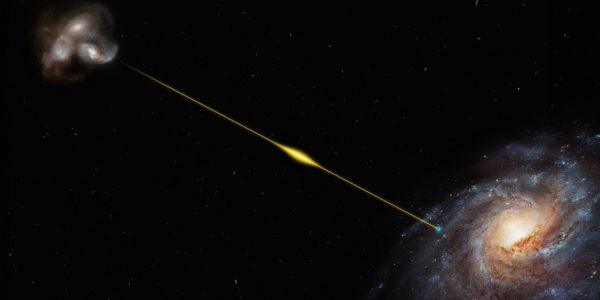 This artist’s impression (not to scale) illustrates the path of the fast radio burst FRB 20220610A, from the distant galaxy where it originated all the way to Earth, in one of the Milky Way’s spiral arms. (Photo: ESO/M. Kornmesser)