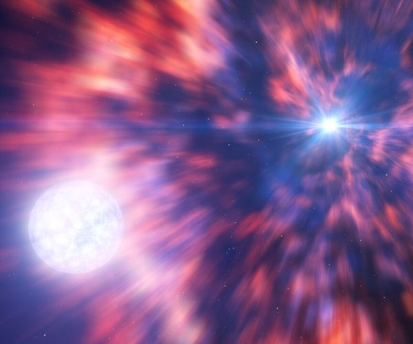 This artist’s impression is based on the aftermath of a supernova explosion as seen by two teams of astronomers with both ESO’s Very Large Telescope (VLT) and ESO’s New Technology Telescope (NTT). The supernova observed, SN 2022jli, occurred when a massive star died in a fiery explosion, leaving behind a compact object — a neutron star or a black hole. This dying star, however, had a companion which was able to survive this violent event. (Photo: ESO/L. Calçada)