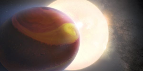 An artist impression depicting the exoplanet WASP 121-b. The planet dominates the foreground in the right side of the image, and appears banded with colours of red, yellow and orange. Behind the planet is a large star that appears similar in size to the exoplanet. (Photo: NASA, ESA, Q. Changeat et al., M. Zamani (ESA/Hubble)