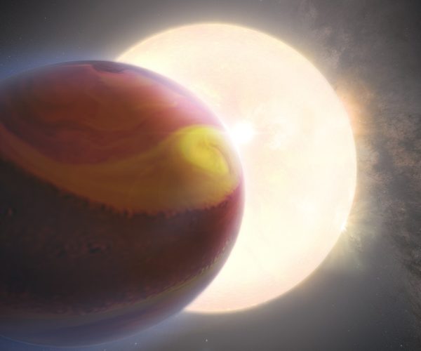 An artist impression depicting the exoplanet WASP 121-b. The planet dominates the foreground in the right side of the image, and appears banded with colours of red, yellow and orange. Behind the planet is a large star that appears similar in size to the exoplanet. (Photo: NASA, ESA, Q. Changeat et al., M. Zamani (ESA/Hubble)