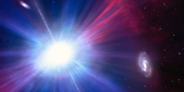 An illustration of one of brightest explosions ever seen in space.  Called a Luminous Fast Blue Optical Transient (LBOT), it shines intensely in blue light. It appears as a bright white blob left of centre where blue-white and red rays sprout out from it. Toward the right of the image there is a white spiral galaxy. (Photo: NASA, ESA, NSF's NOIRLab, M. Garlick , M. Zamani)