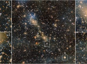 Abell 3667 — an actively merging galaxy cluster — is featured in this image assembled from over 28 hours of observations with the 570-megapixel Department of Energy-fabricated Dark Energy Camera. 1. Jellyfish galaxy JO171; 2. Jellyfish galaxy LEDA 64246; 3. Brightest cluster galaxy IC 4965 and infalling group; 4. NGC 6862. (Photo: CTIO/NOIRLab)