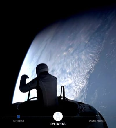 Private astronaut Jared Isaacman stands partially outside SpaceX's Dragon spacecraft during the first-ever commercial spacewalk on Sept. 12, 2024. (Photo: SpaceX)