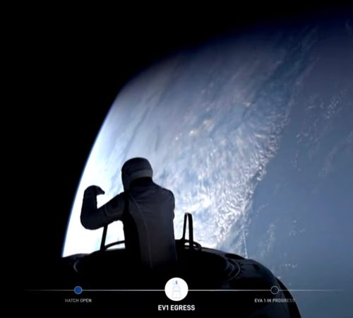 Private astronaut Jared Isaacman stands partially outside SpaceX's Dragon spacecraft during the first-ever commercial spacewalk on Sept. 12, 2024. (Photo: SpaceX)